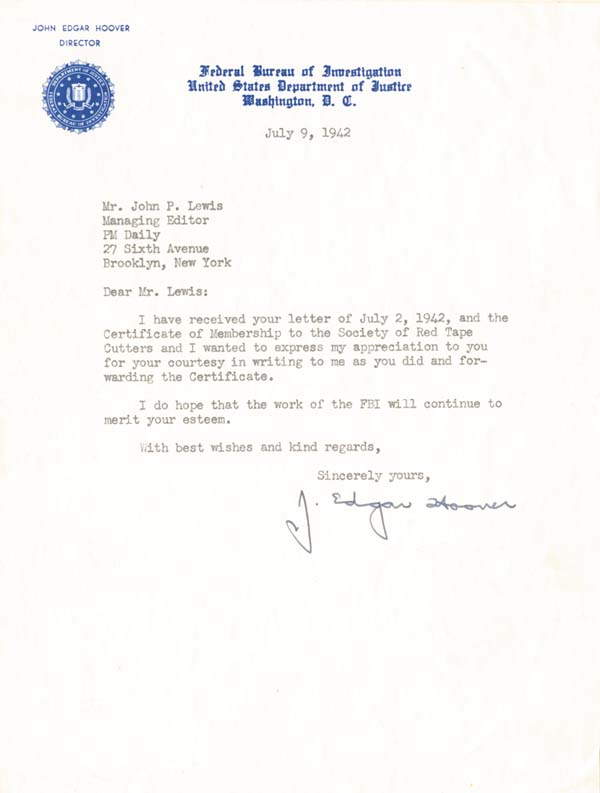 J. Edgar Hoover Letter